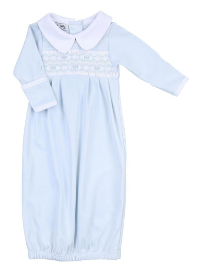 Fiona and Phillip Blue Smocked Collared Pleated Gown