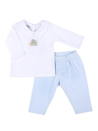 Sweet Gingerbread Embroidered Collared Pant Set - Blue