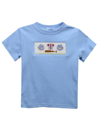 Baseball Smocked Light Blue S/S Boys Tee Shirt