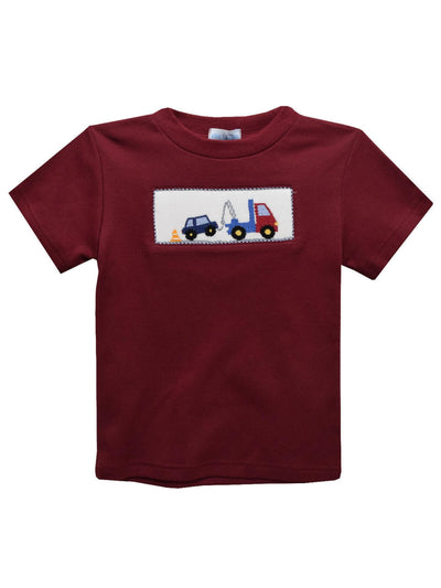 Tow Truck Smocked Burgundy Knit S/S Boys Tee Shirt - Posh Tots Children's Boutique