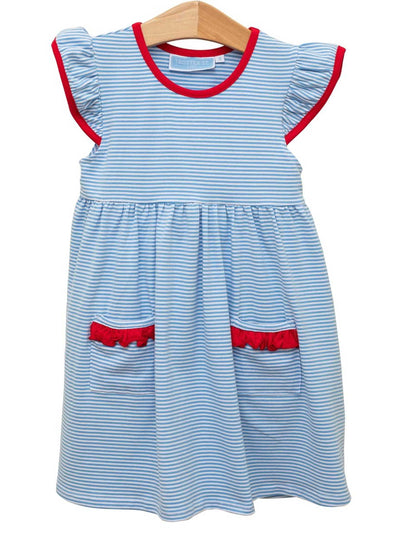 PRE-ORDER Lucy Dress- Cornflower Stripe/Red