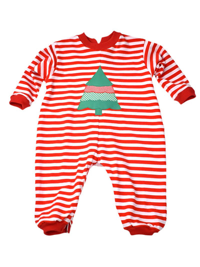 Red and white striped baby onesie with a green tree design with solid red banded cuffs