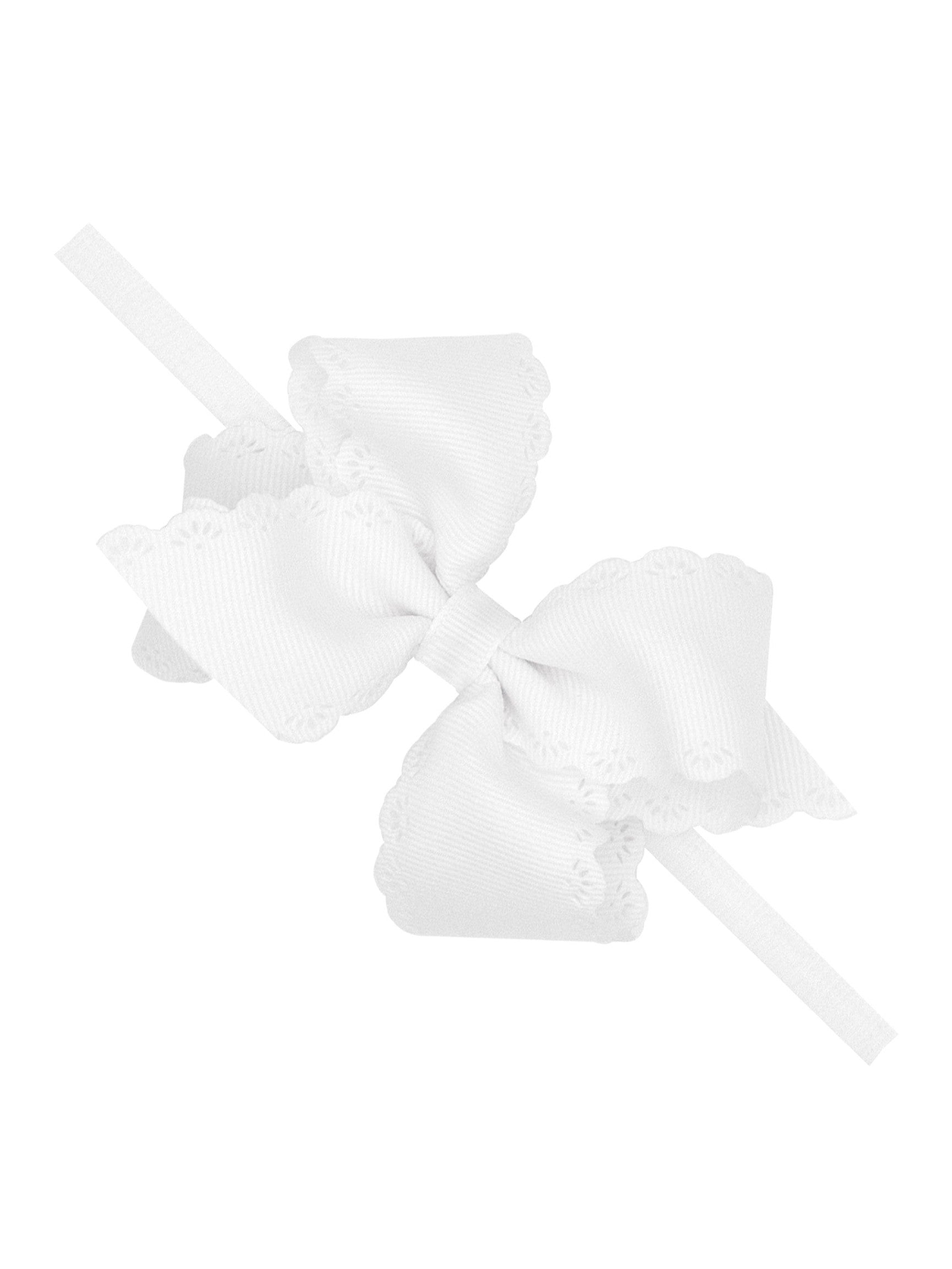 Grosgrain Hair Bow with Embossed Eyelet Edge on White Nylon Band - Posh Tots Children's Boutique