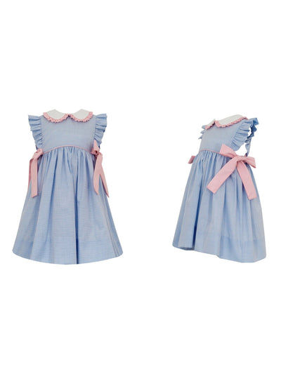 Dress with Pink Side Bows in Blue Gingham