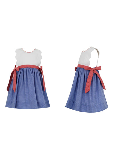 Scalloped Sundress with Side Bows in Red Gingham - Royal Blue Gingham