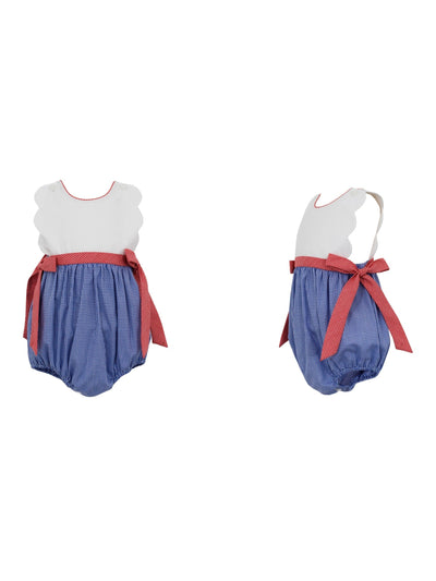 Scalloped Girl's Sunbubble with Side Bows in Red Gingham - Royal Blue Gingham