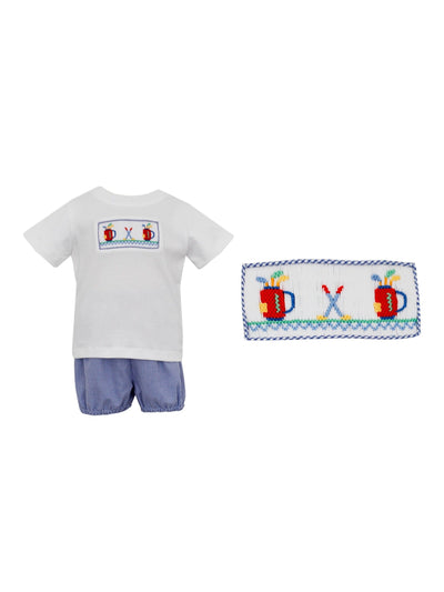 Golf Boy's White T-Shirt and Bloomer Set in Navy Check