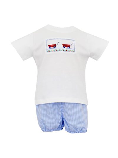 RED WAGON Boy's White T-Shirt and Bloomer Set in Blue Gingham