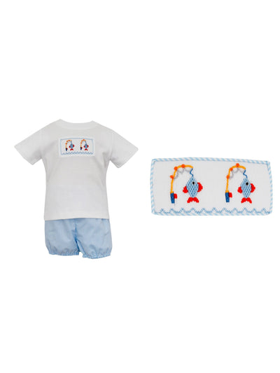 Fishing Lures Boy's White T-Shirt and Bloomer Set in Blue Stripe