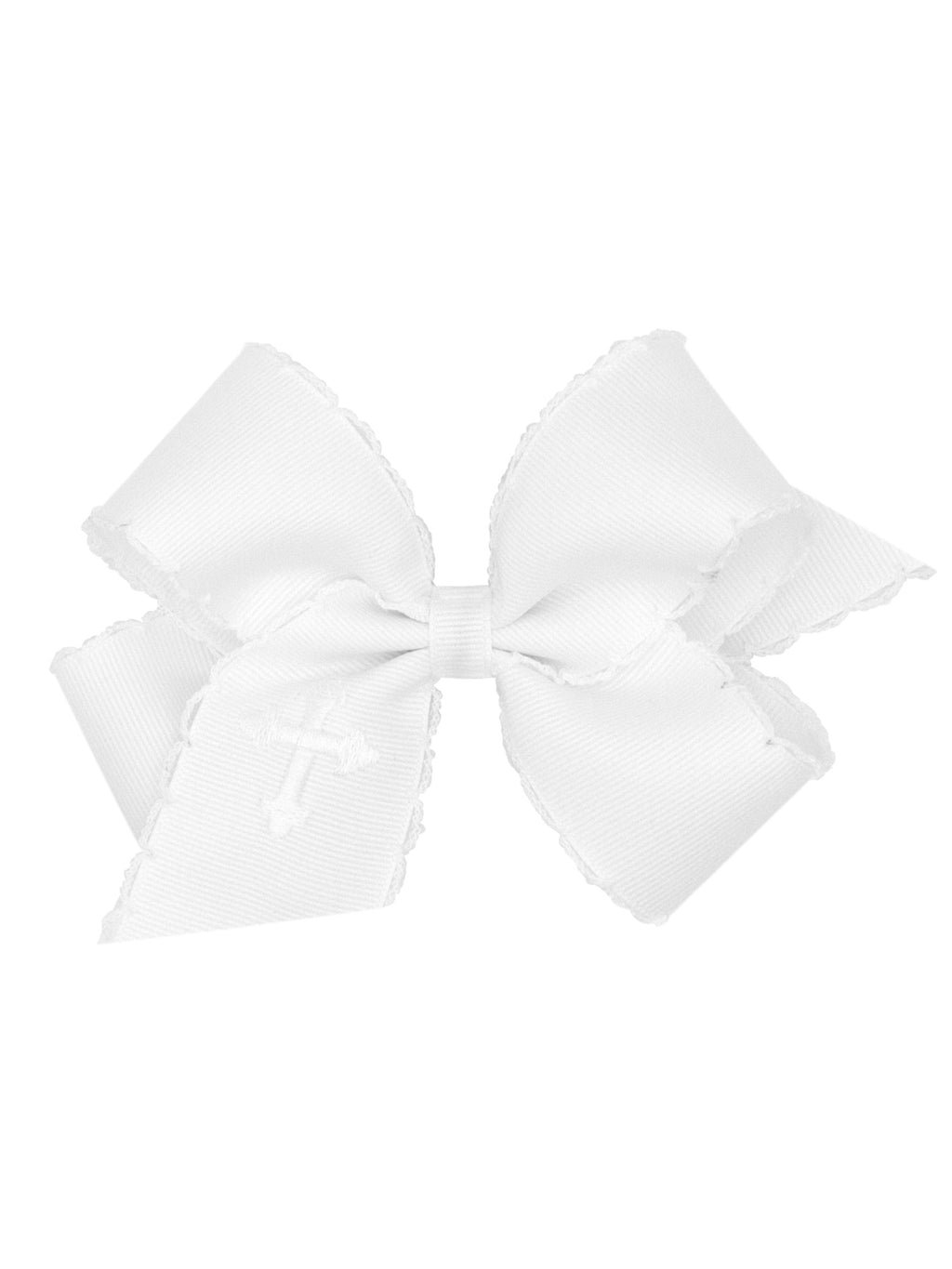 White Grosgrain Hair Bow with Moonstitch Edge and Cross Embroidery