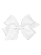 White Grosgrain Hair Bow with Moonstitch Edge and Cross Embroidery