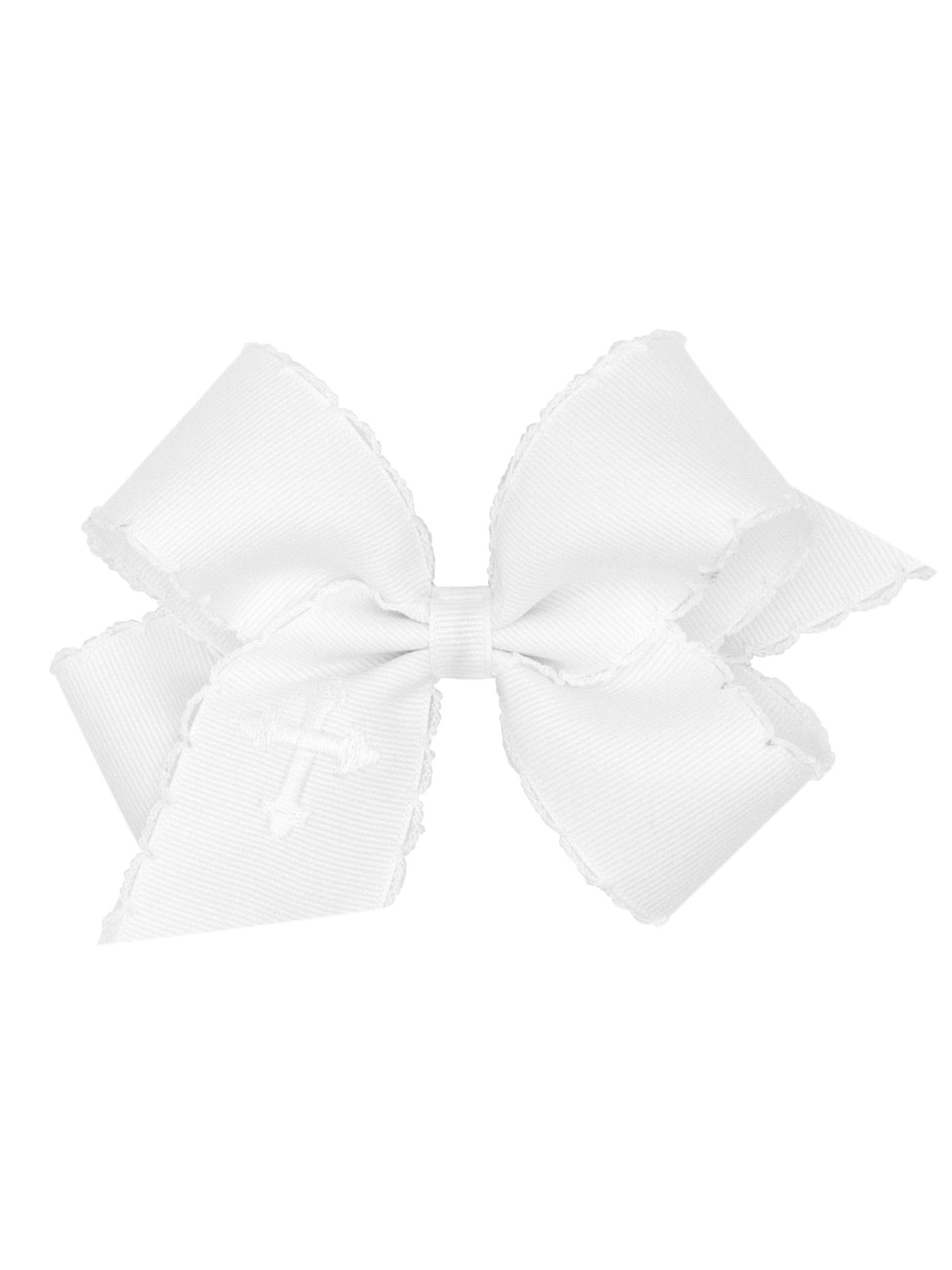White Grosgrain Hair Bow with Moonstitch Edge and Cross Embroidery