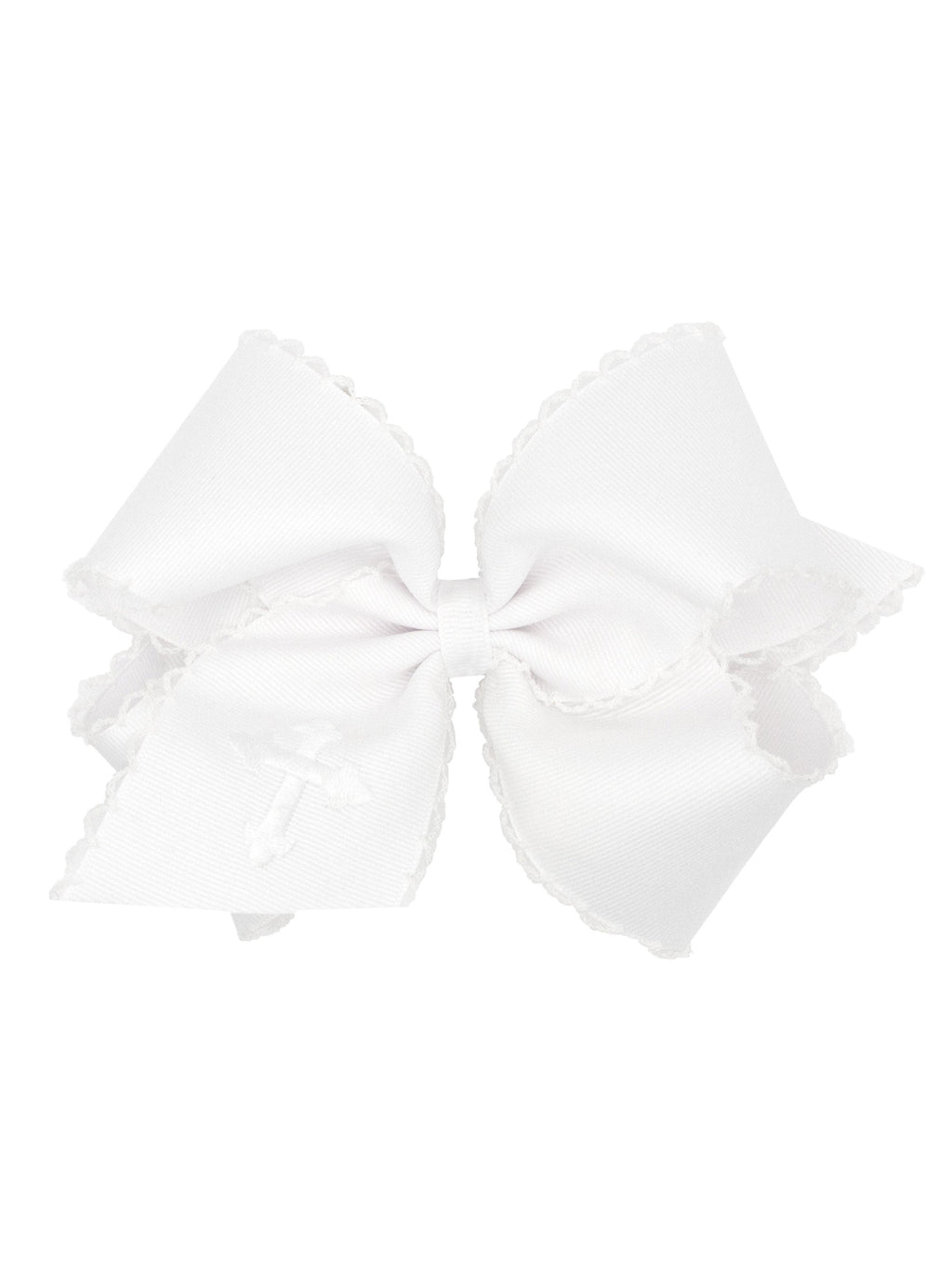White Grosgrain Hair Bow with Moonstitch Edge and Cross Embroidery