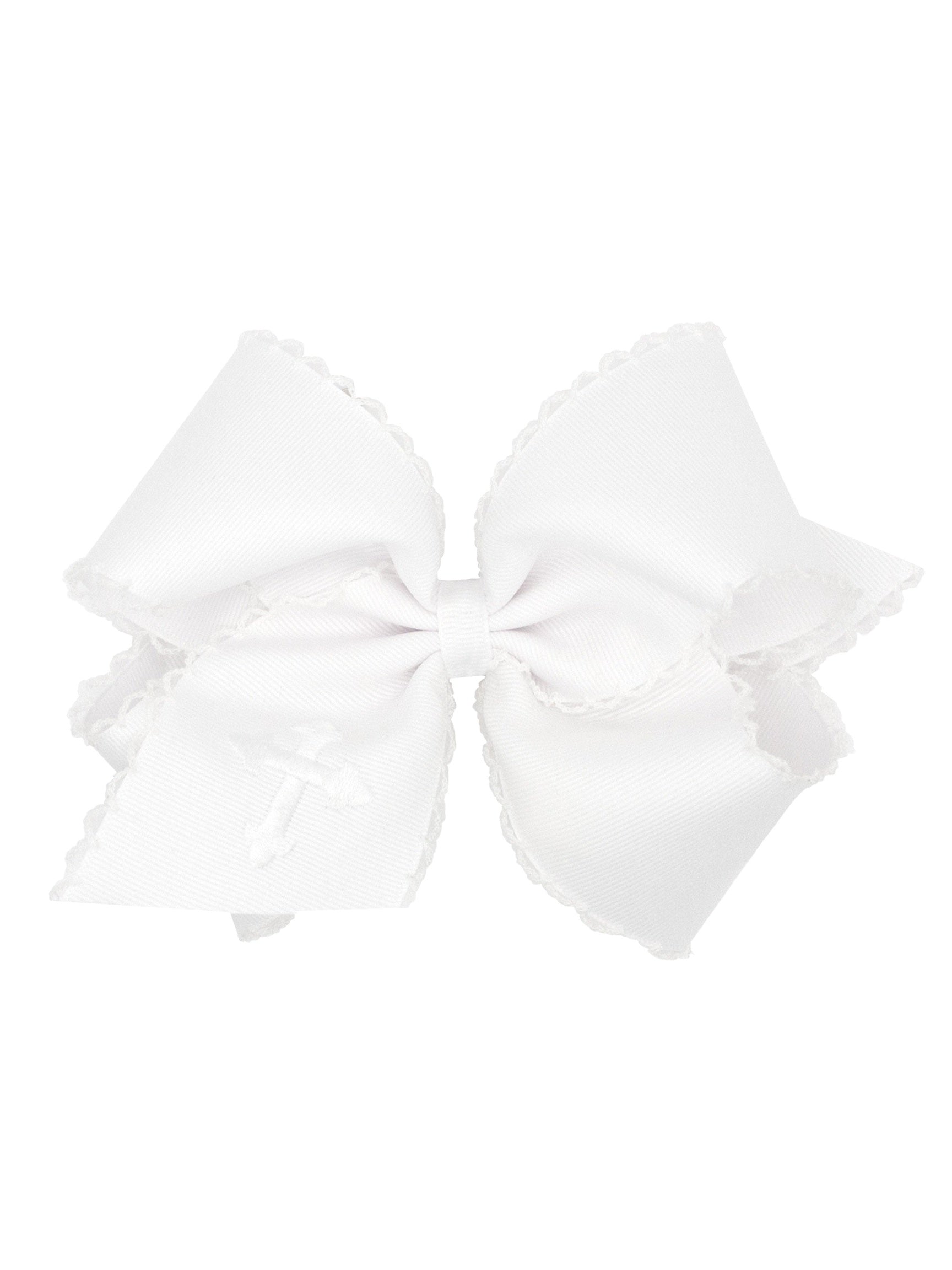 White Grosgrain Hair Bow with Moonstitch Edge and Cross Embroidery