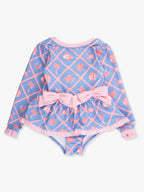 Tropical Trellis Long Sleeve One Piece Bow Peplum Rash Guard Swimsuit - Posh Tots Children's Boutique