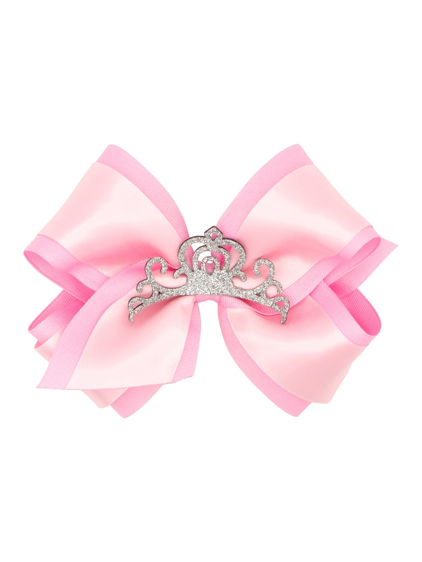 Princess Grosgrain Hair Bow with Satin Overlay and Glitter Crown