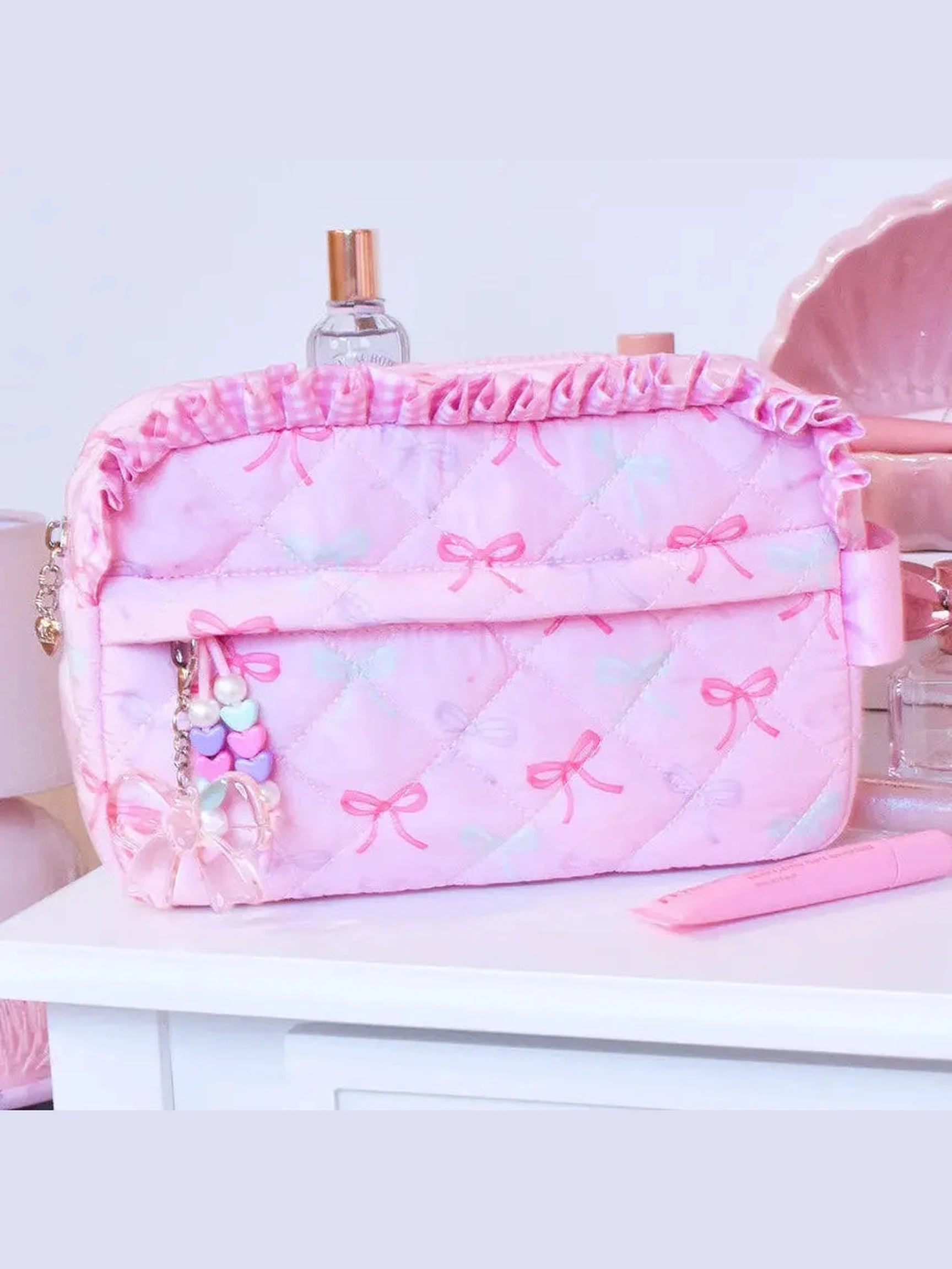 Quilted Bow Printed Pouch with Heart Charm