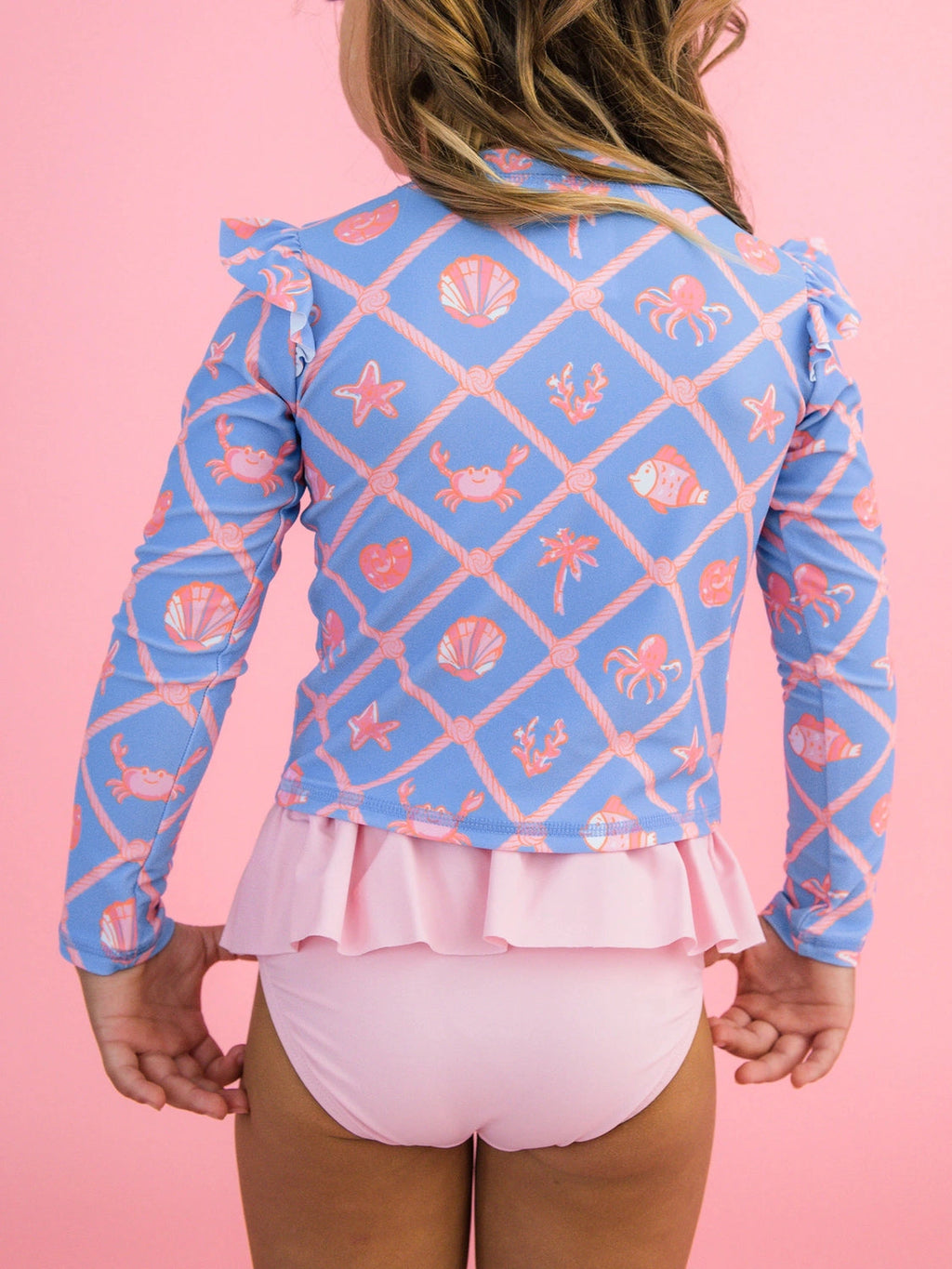 Tropical Trellis Flutter Long Sleeve Rash Guard Skirted 2-Piece Swimsuit - Posh Tots Children's Boutique