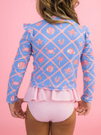 Tropical Trellis Flutter Long Sleeve Rash Guard Skirted 2-Piece Swimsuit - Posh Tots Children's Boutique