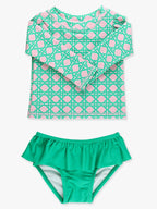 Pink Coastal Cane Flutter Long Sleeve Rash Guard Skirted 2-Piece Swimsuit - Posh Tots Children's Boutique