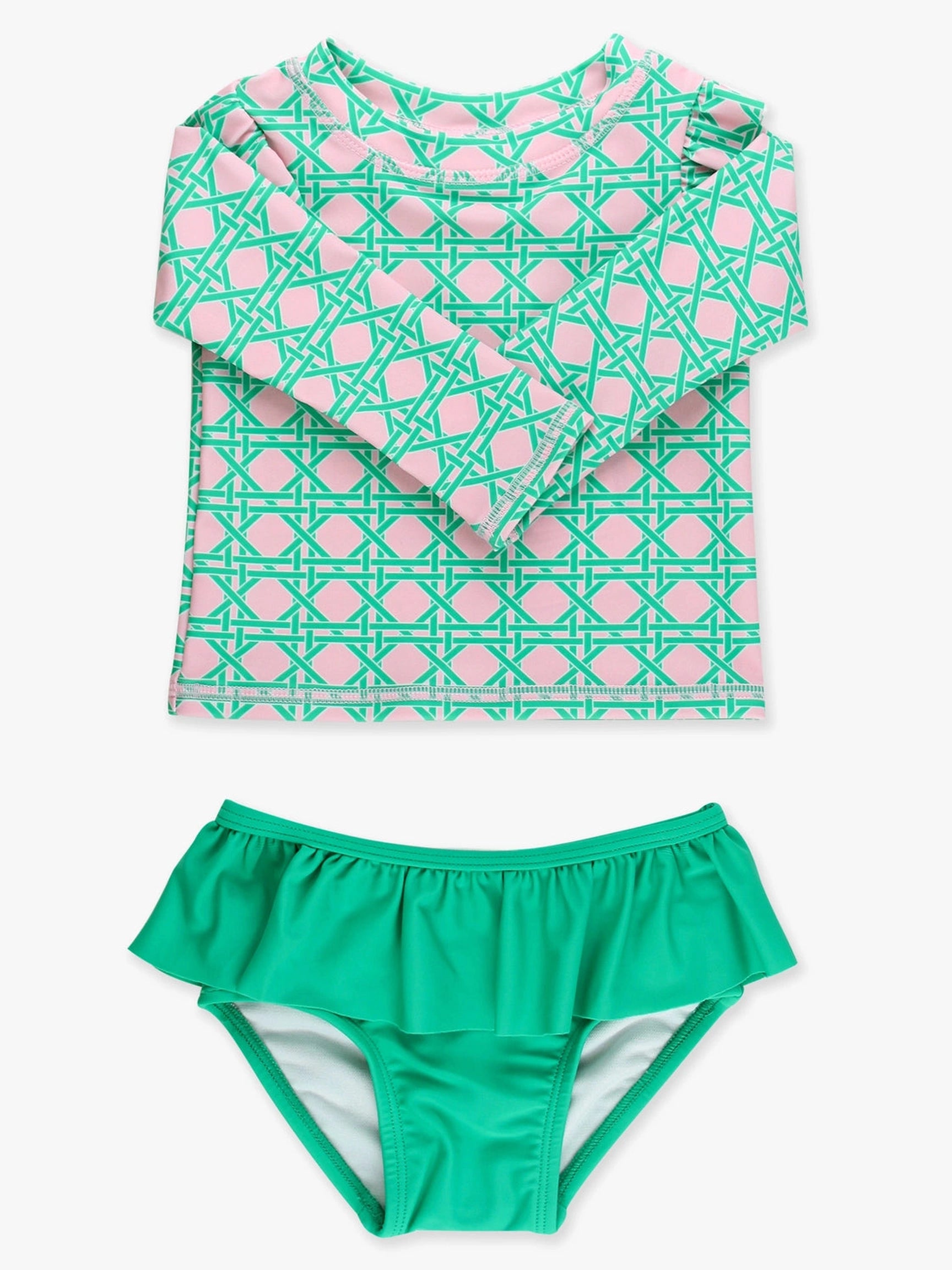 Pink Coastal Cane Flutter Long Sleeve Rash Guard Skirted 2-Piece Swimsuit - Posh Tots Children's Boutique