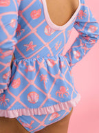 Tropical Trellis Long Sleeve One Piece Bow Peplum Rash Guard Swimsuit - Posh Tots Children's Boutique