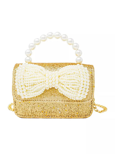 Glitter Pearl Handle Bow Handbag - Gold