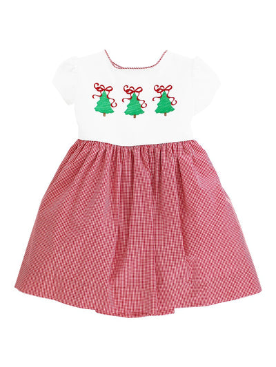 Christmas Trees on Red Microcheck Dress