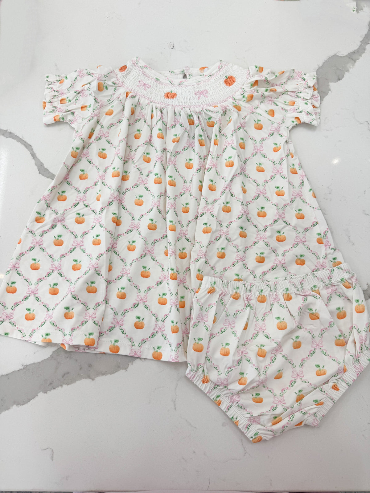 Pretty Pumpkin Trellis - Jane Puff Sleeve Bishop Dress and Bloomer