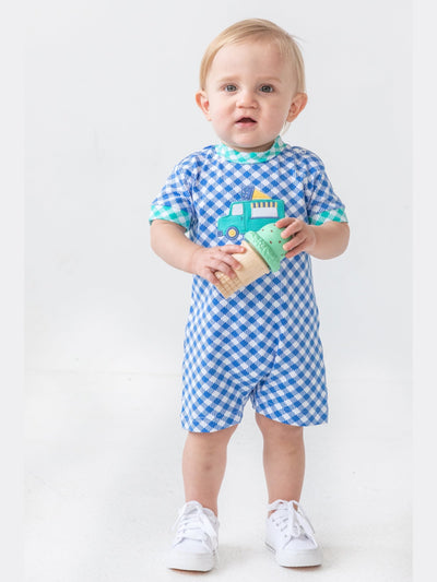 Gingham Print Knit Shortall with Ice Cream Truck