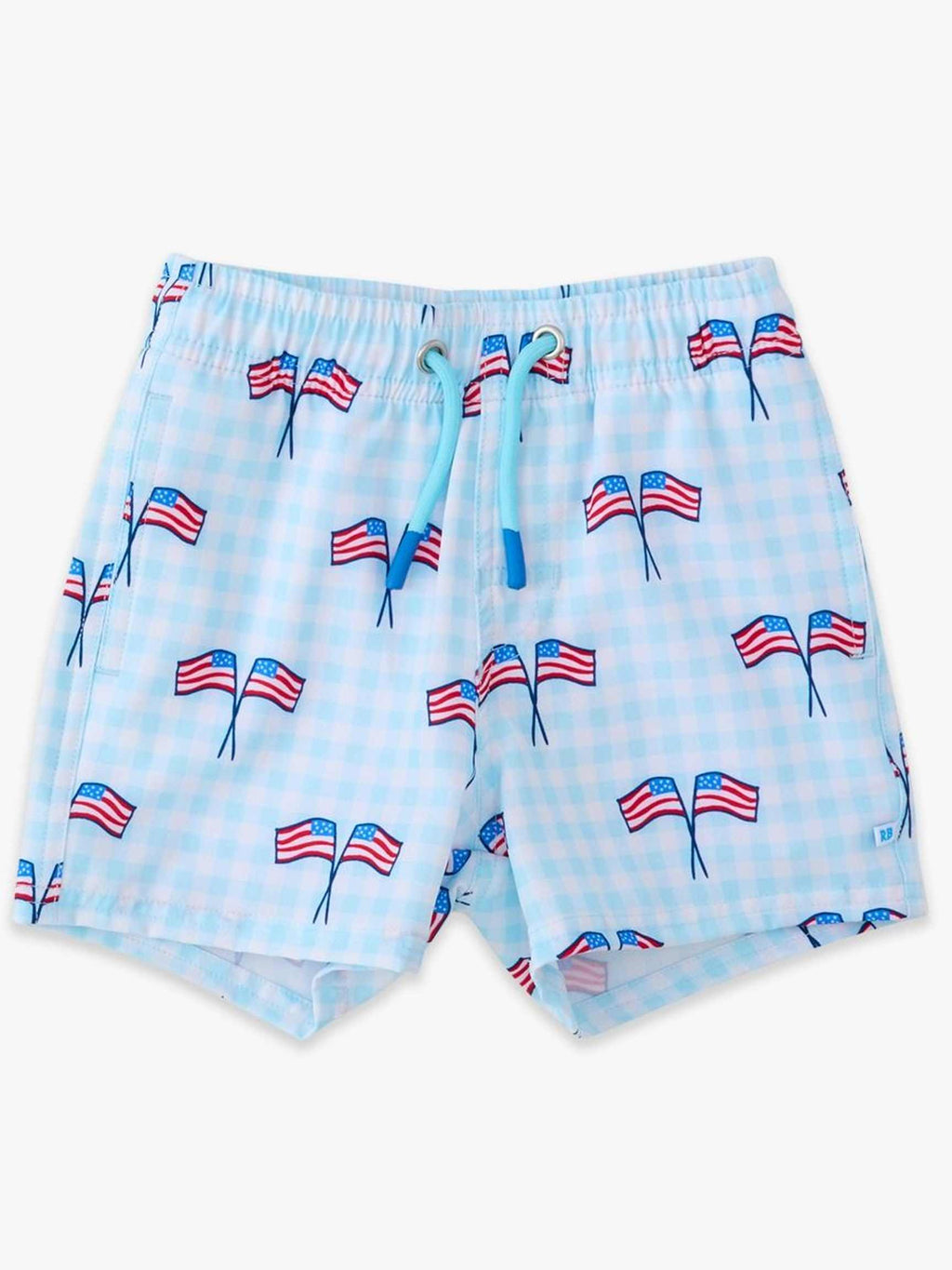 Boys Blue Patriotic Gingham Performance Hybrid Swim Trunks