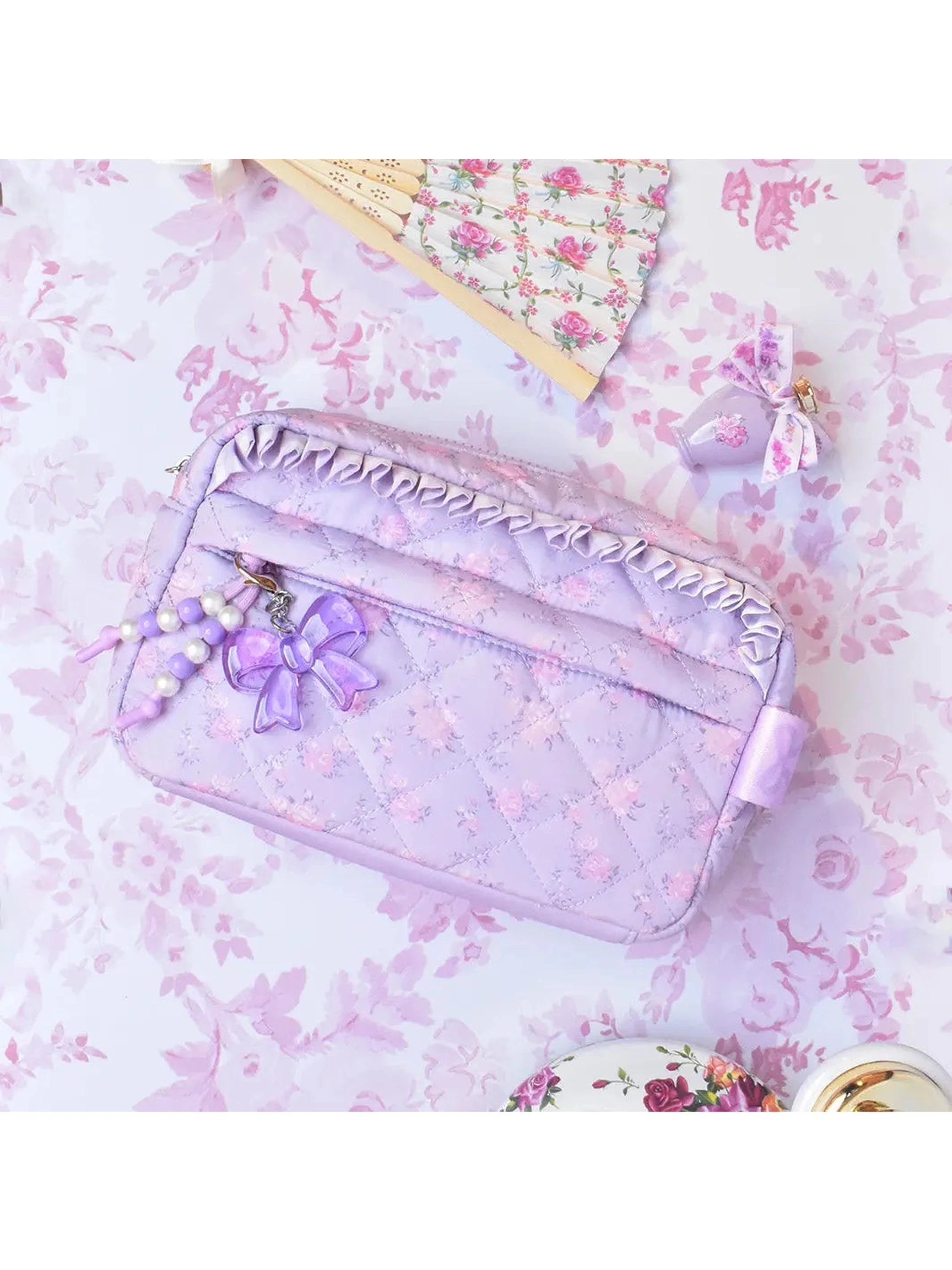 Quilted Floral Printed Pouch with Charm