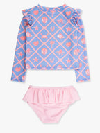 Tropical Trellis Flutter Long Sleeve Rash Guard Skirted 2-Piece Swimsuit - Posh Tots Children's Boutique