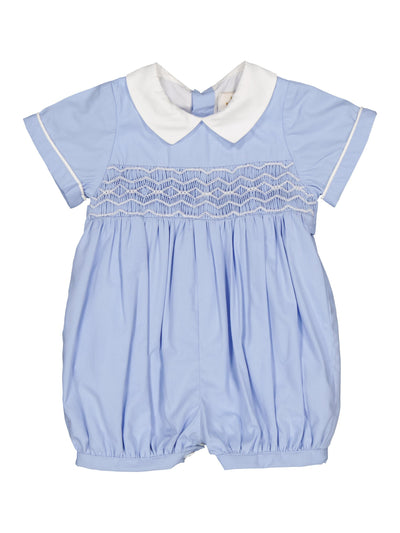 PRE-ORDER Matheo Smocked Boy Romper - Cornflower Poplin