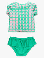 Pink Coastal Cane Flutter Long Sleeve Rash Guard Skirted 2-Piece Swimsuit - Posh Tots Children's Boutique