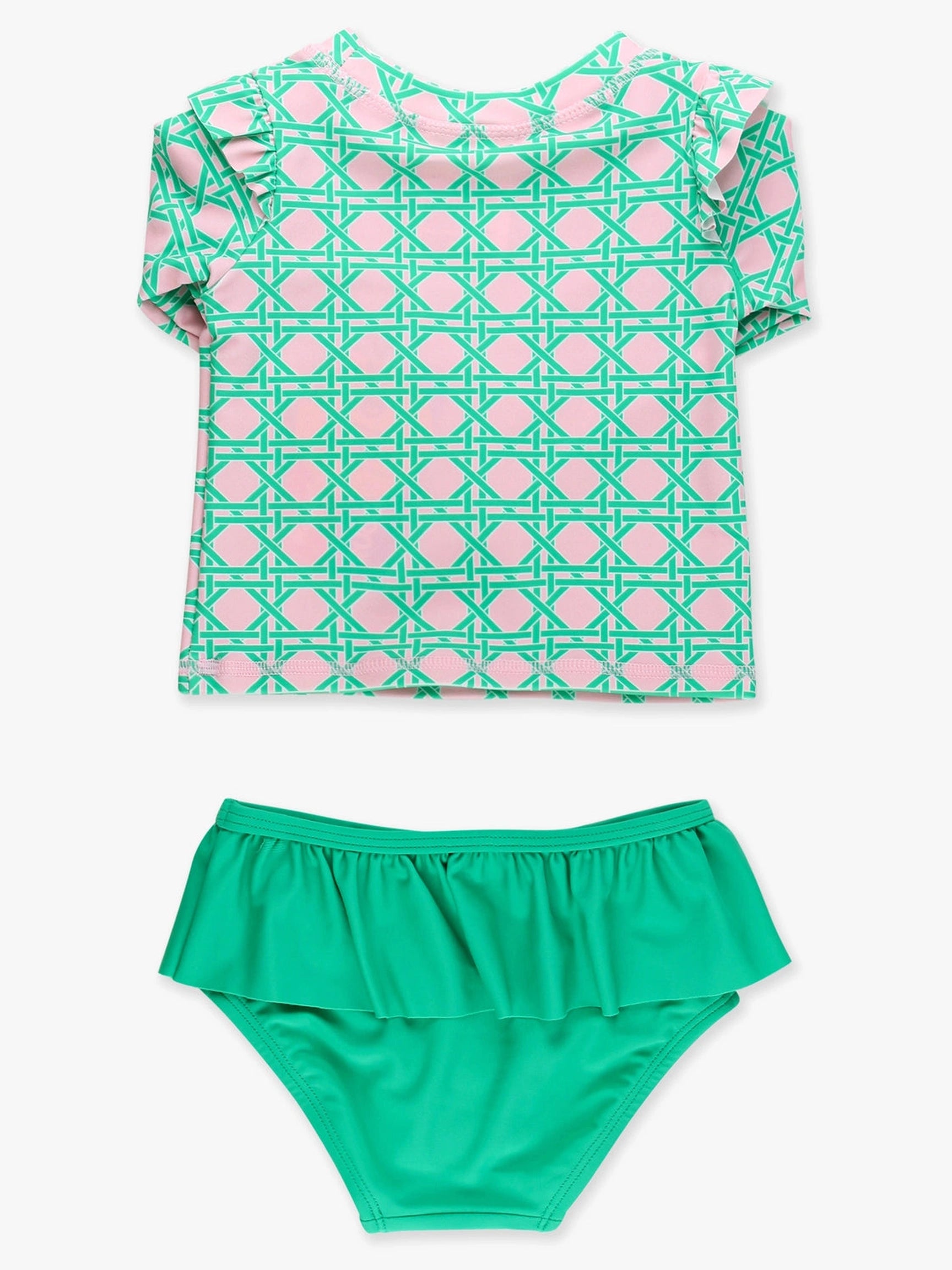 Pink Coastal Cane Flutter Long Sleeve Rash Guard Skirted 2-Piece Swimsuit - Posh Tots Children's Boutique