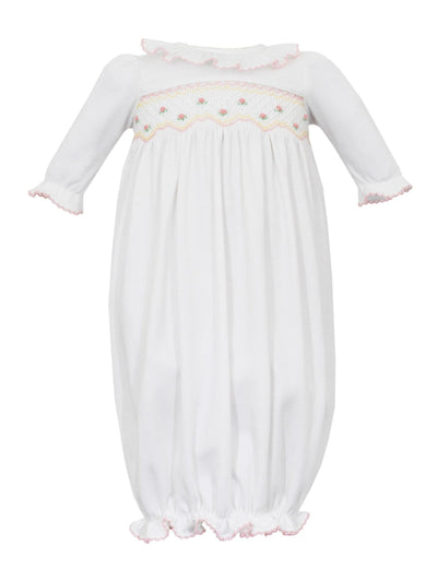 KATE Girl's Sac Dress in White Knit with Pink Smocking