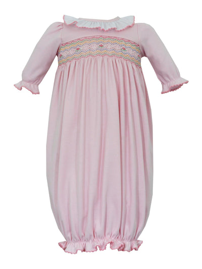 RILEY Girl's Sac Dress in Pink Knit with Pastel Smocking