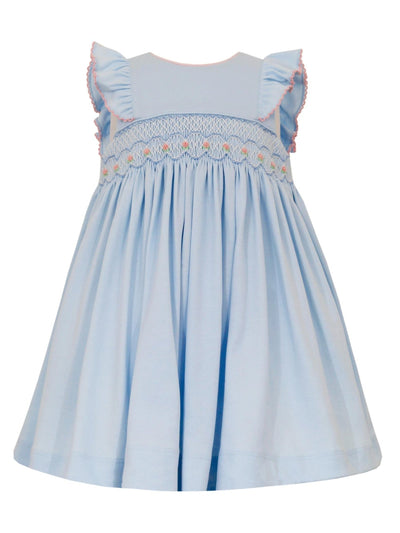 LUCIA Sleeveless Dress in Light Blue Knit with Pink Smocking