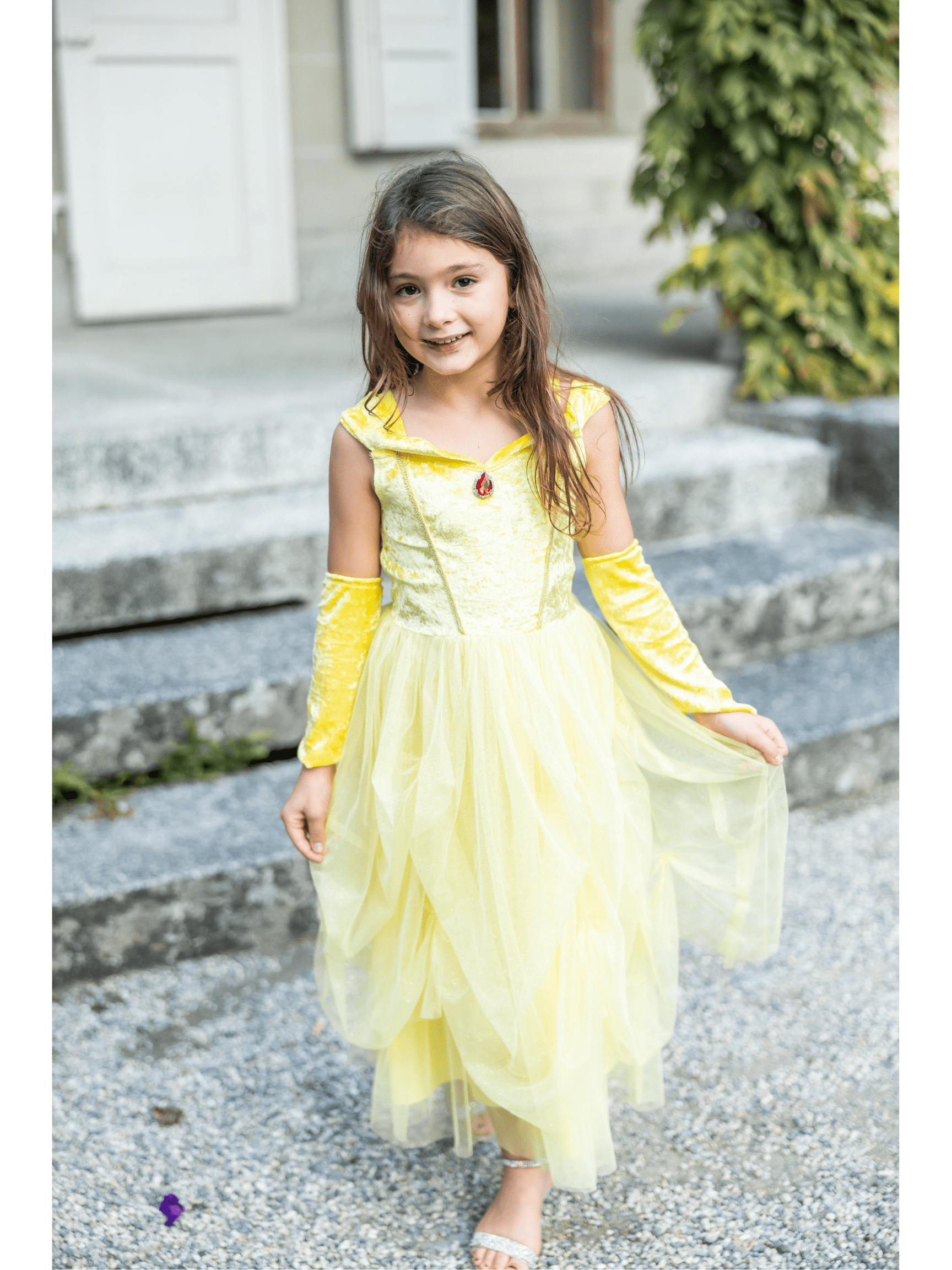 Velvety Soft Yellow Princess Gown with Arm Warmers