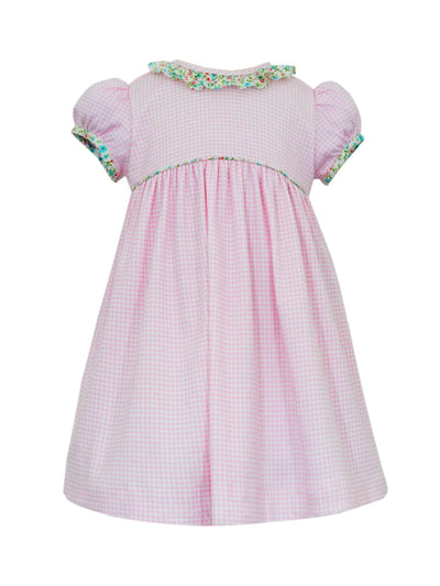LEAH Dress in Pink Gingham with Pink and Blue Floral Trim