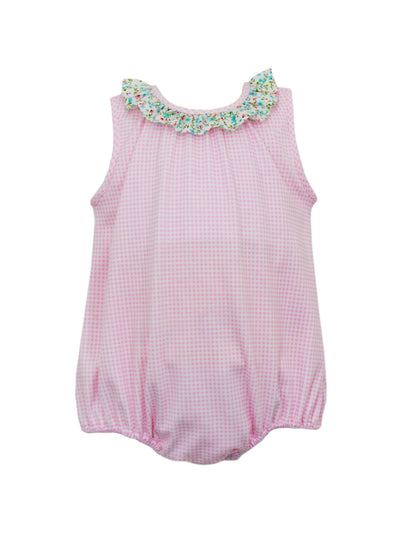 LEAH Girl's Bubble in Pink Gingham with Pink and Blue Floral Trim