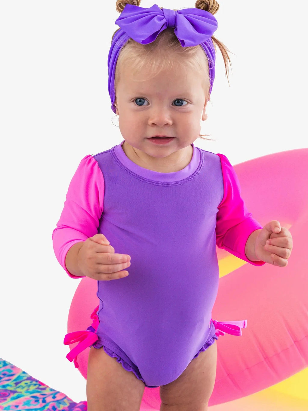 Neon Purple Color Block Long Sleeve One Piece Rash Guard Swimsuit - Baby Girl - Posh Tots Children's Boutique