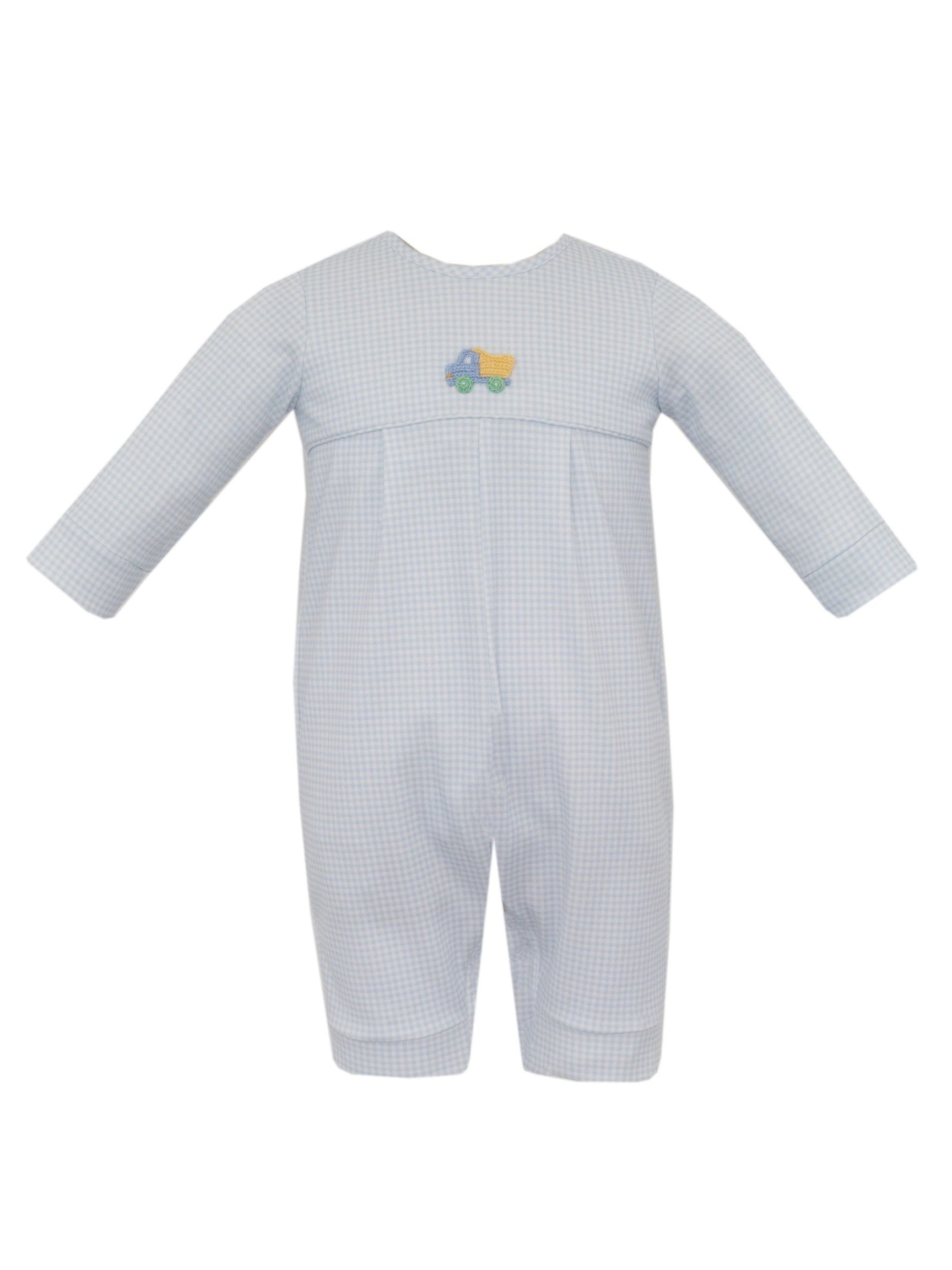 Dump Truck Knit Gingham Boy'S Long Romper L/S