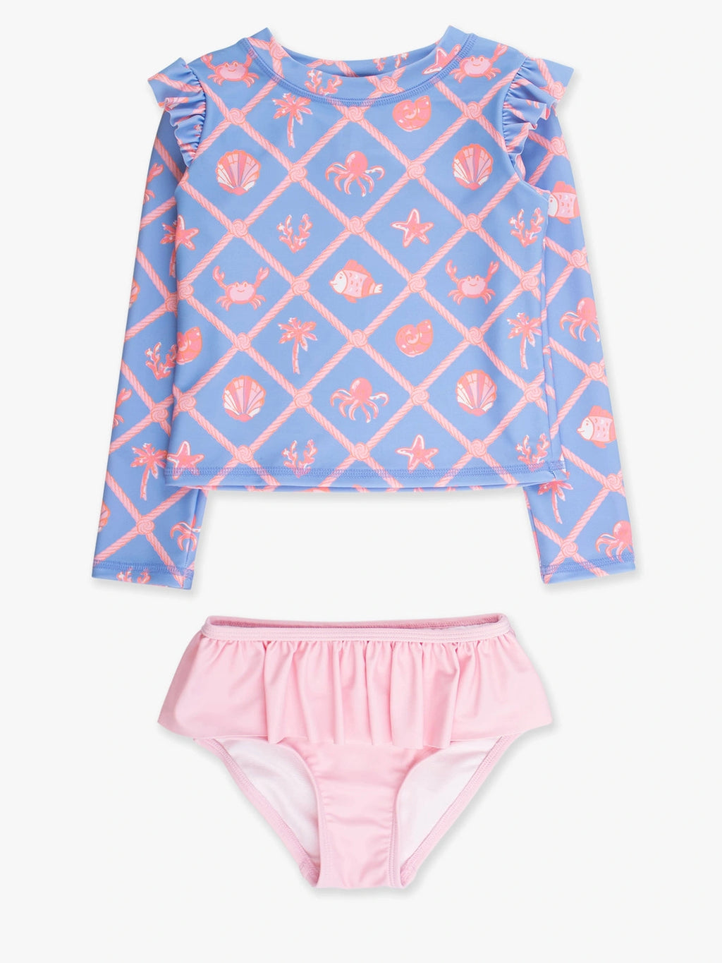 Tropical Trellis Flutter Long Sleeve Rash Guard Skirted 2-Piece Swimsuit - Posh Tots Children's Boutique