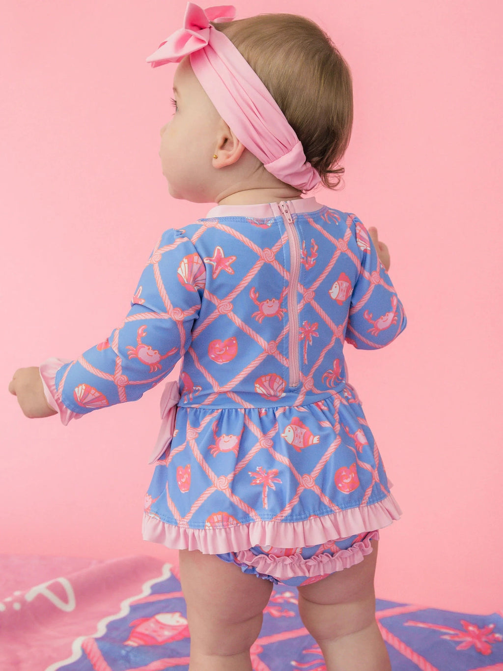 Tropical Trellis Long Sleeve One Piece Bow Peplum Rash Guard Swimsuit - Baby Girl - Posh Tots Children's Boutique