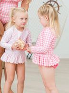 Bubblegum Gingham Scallop Hem Long Sleeve Rash Guard 2-Piece Swimsuit - Posh Tots Children's Boutique