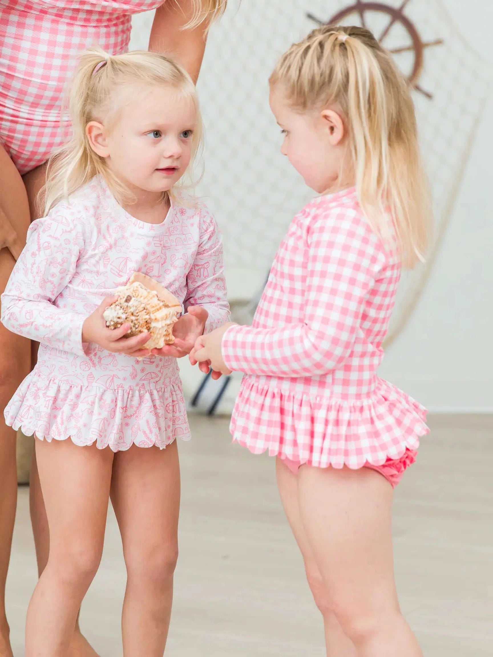 Bubblegum Gingham Scallop Hem Long Sleeve Rash Guard 2-Piece Swimsuit - Posh Tots Children's Boutique