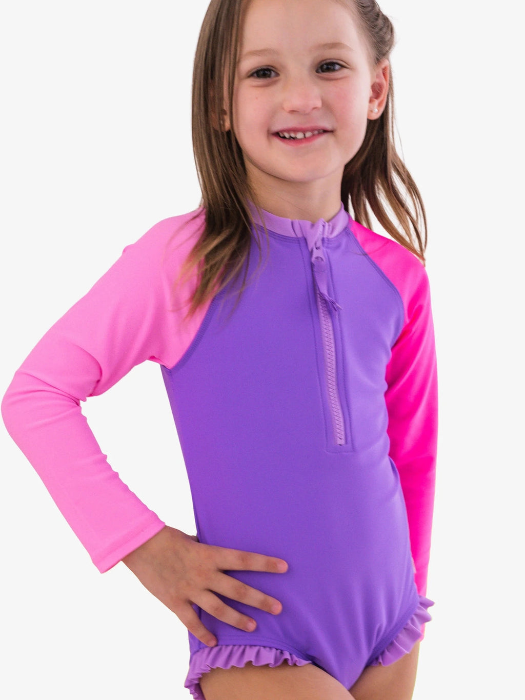 Neon Purple Color Block Long Sleeve One Piece Rash Guard Swimsuit - Posh Tots Children's Boutique