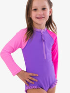 Neon Purple Color Block Long Sleeve One Piece Rash Guard Swimsuit - Posh Tots Children's Boutique